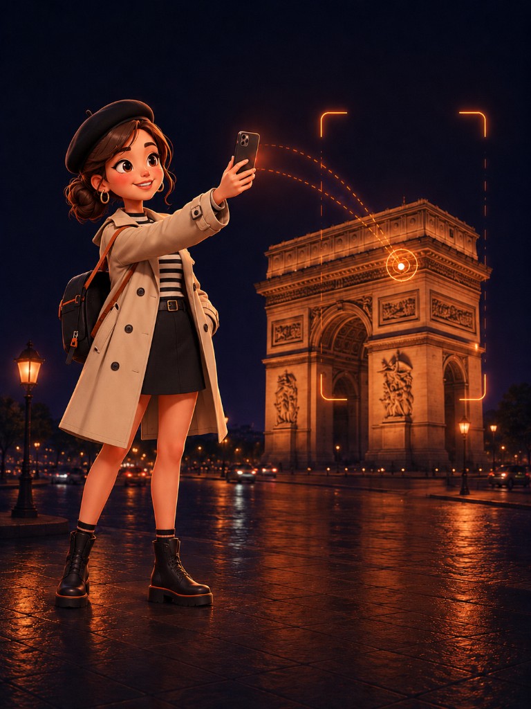 Traveler pointing phone at the Arc de Triomphe at night
