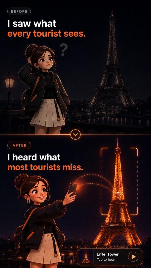 Before: a confused traveler in front of a dim Eiffel Tower at night. After: the same traveler smiling while scanning a glowing Eiffel Tower with the SnapGuide app, an Eiffel Tower audio player surfacing at the bottom.