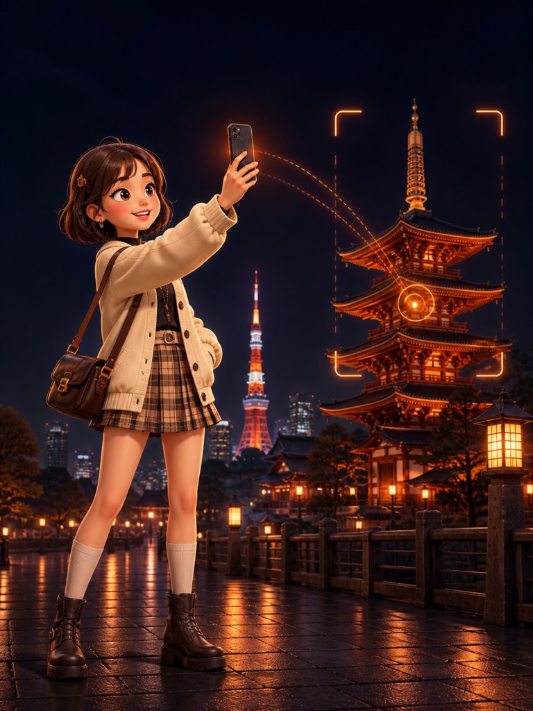 Traveler pointing phone at Tokyo Tower with a Japanese pagoda lit beside it